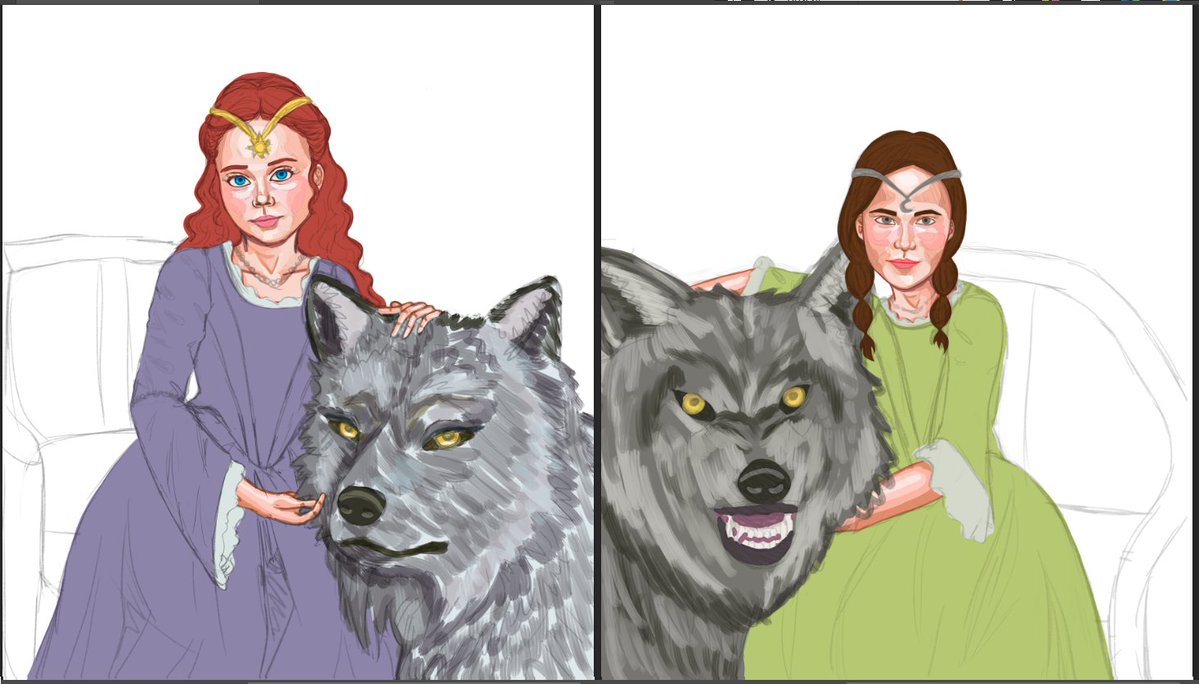 NatividadMoom's tweet image. Wipe of what was for the second day of the #starksisterWeek dynamic. But I didn&apos;t finish it.

It was like a portrait. Sansa&apos;s is inspired by Queen Elizabeth II as a child, and Artya&apos;s is too, but with a different pose.