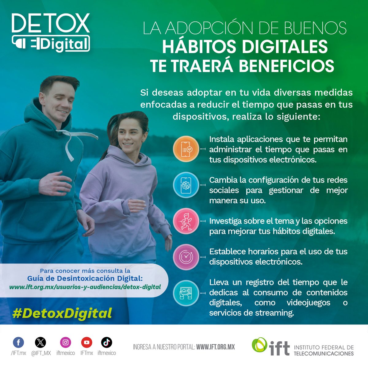IFT_MX's tweet image. Quieres darte un #DetoxDigital☮️🌐⁉️
Si tu respuesta es afirmativa, pero no sabes por dónde comenzar, te dejamos estos #IFTips👇 para reducir el tiempo que pasas en tus dispositivos 📱💻.
Para conocer más, visita 👉 ift.org.mx/usuarios-y-aud…