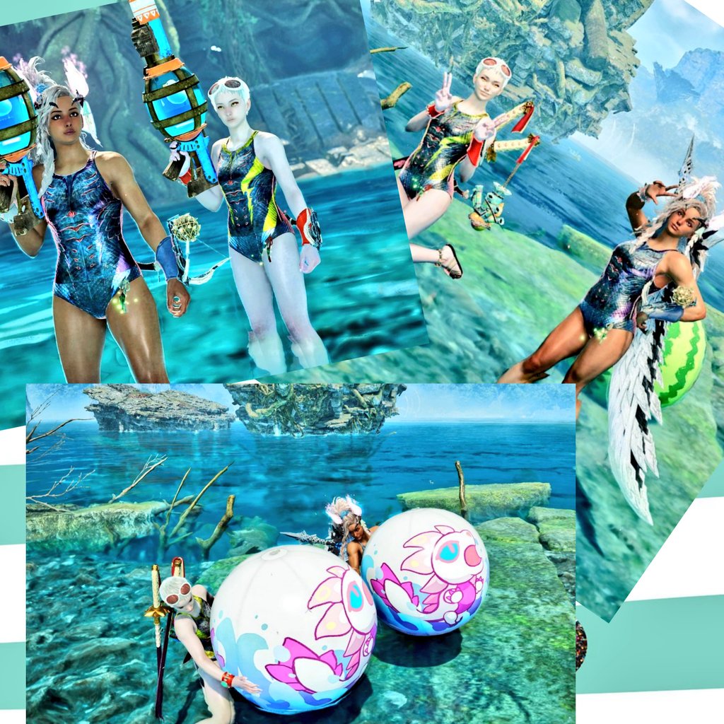 sabi369's tweet image. 昨日フレと夏っぽい撮影会🏖️
ビーチボールが良い演出してくれるね( *´艸｀)
#モンハンワイルズ