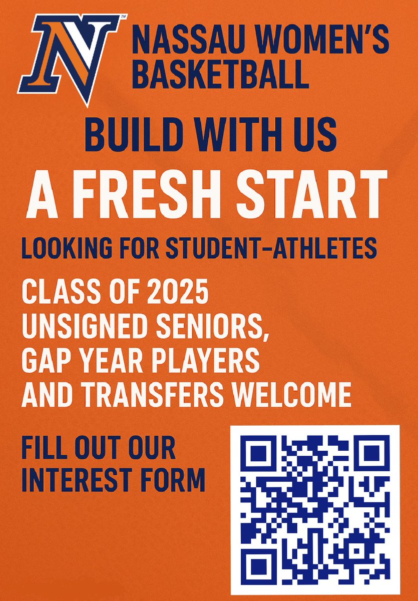 FRESH START - NASSAU CC WBB - Looking for SA's ready to hoop, grow, &amp; build something special!

📍Garden City, NY
Immediate PT | Strong academics
Skill dev. | Transfer support

2025 Class, gap yr players, transfers - We want to hear from you!  Scan the QR Code.

Let's Build 🧱