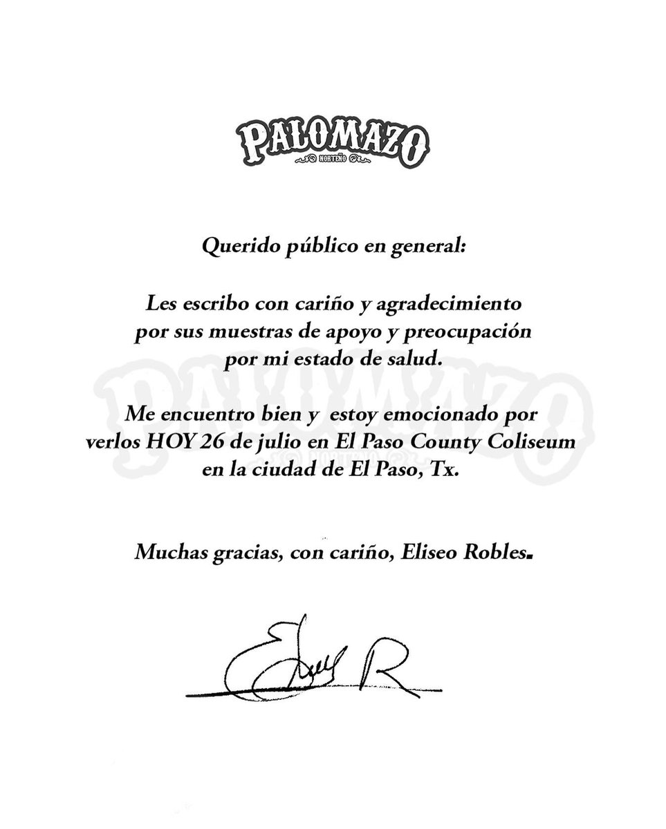 quierotvags's tweet image. 📝Después del momento de preocupación que se vivió cuando Don Eliseo Robles se desvaneció durante una presentación con Palomazo Norteño, hoy se informa mediante un comunicado de prensa que su estado de salud es estable y se encuentra bien 🙏🏼✨
#quierotvags #EliseoRobles