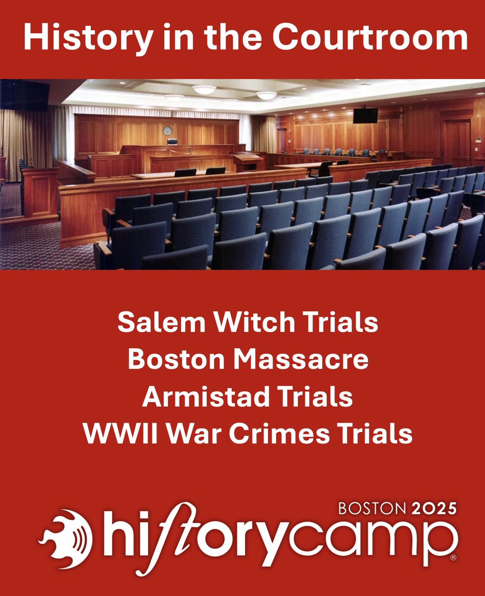 HistoryCampOff1's tweet photo. A first for History Camp Boston: Presentations in the court room at Suffolk Law school—and every one is about a trial or principals in a trial.  We are at 375+ people registered and will sell out. Register now: https://t.co/0oOFnaTVnd https://t.co/f6wxYaUoHd
