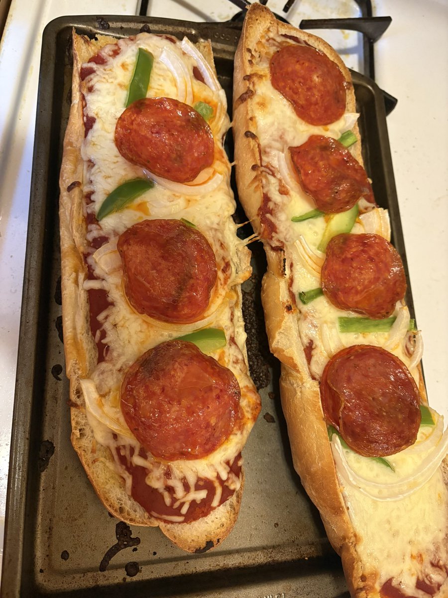 Took a page out of broki budget video you see on tik tok. Pepperoni Pizza Loaf. 

On thing different: pepperoni is sandwich size. I added green peppers and onions that I had.