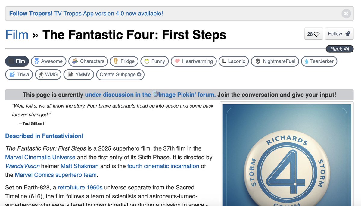 rex_shadao's tweet image. Here's hoping to capture this in the moment for TV Tropes before it either climbs or down. @tvtropes
#FantasticFour First Steps at Number #4 on TV Tropes