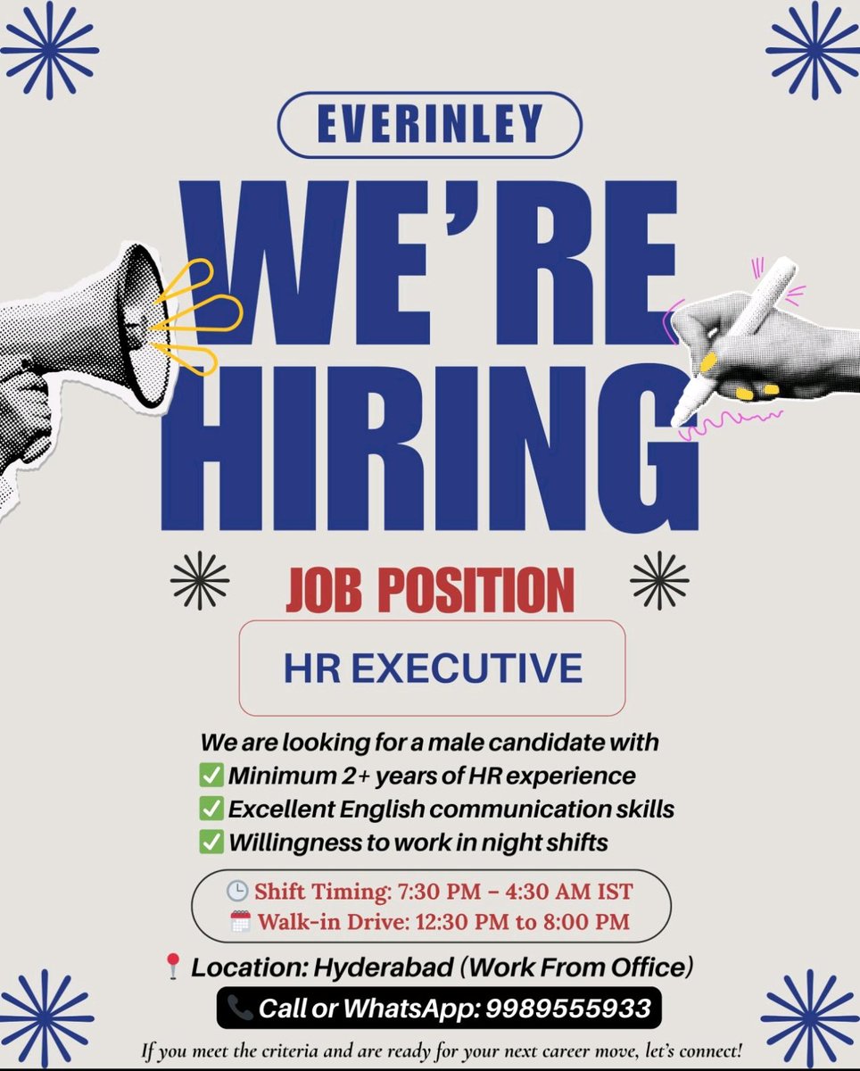 teja_vms's tweet image. Hello #X Family 
 HR Job Opportunity – Night Shift
📍 Hyderabad 
🏢 Everinley VA Pvt Ltd 
🌐 Domain: US Property &amp;amp; Casualty
 2–5 Yrs HR Exp
✅ Only Males | WFO Only
💰 Up to ₹7 LPA
#HRJobs #HyderabadJobs #NightShiftJobs #JobAlert #WorkFromOffice #JobSearchIndia #HiringNow #HR
