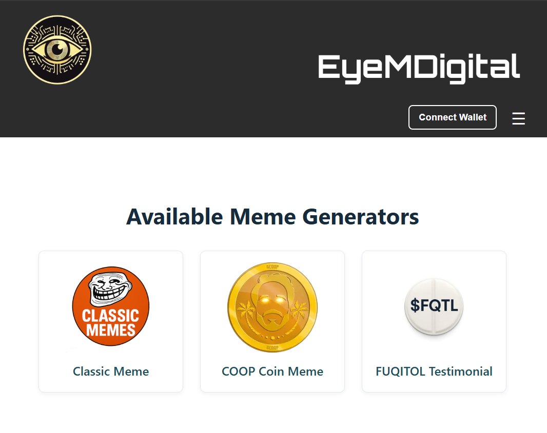 EyeMDigital's tweet image. Finally beginning to get the whole React thing... Started building with ChatGPT last Sunday. Creating a little hub for apps and utilities.
A meme generator was first on the list. Would love for you all to check it out. eyemdigital.app
Currently, COOP and FQTL…