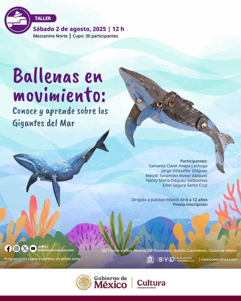 Taller ¡Ballenas en movimiento! por qué las ballenas son vitales para el océano, cuáles son sus amenazas y cómo protegerlas. Además, crea un títere plano con materiales reciclados.
📅 Sáb 2 ago | 12 h
📍 BV | 6-12 años
🎟️ forms.gle/WfaAfDxoximad2…