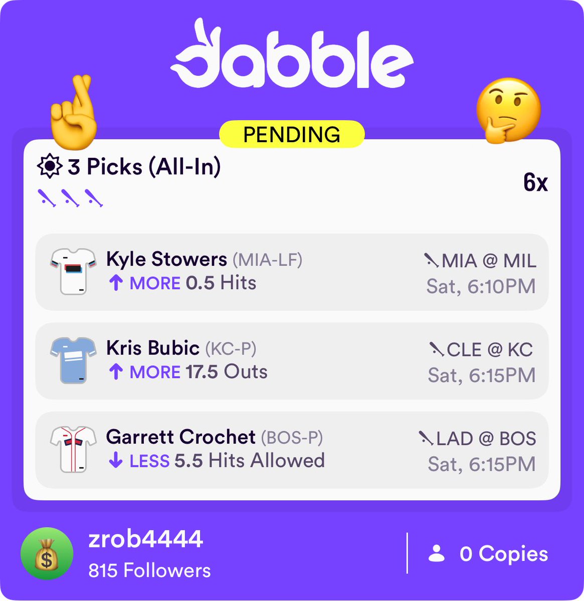 ZRob4444's tweet image. Dabble 6x MLB slip with some really good +EV🔥🔥
Everything is over 57% odds to hit. Insanely good value for a 6x payout. These have all either been removed or are a goblin line on PrizePicks.
Join now using code ZROB and receive $10 FREE on signup!⬇️
dabble.onelink.me/Z9px/4vg4umjx