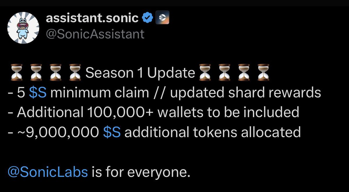 mrdejie's tweet image. SONIC is for everyone!
A few hours ago, the @SonicLabs team made a huge decision that may regain the trust of the community by updating the season 1 airdrop by adjusting the minimum claim amount to 5 $S and rewarding the NFT shard holders.
This results in an additional 100k…