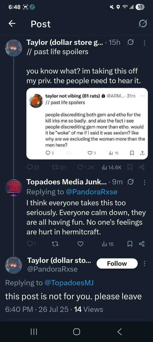 TopadoesMJ's tweet image. My wife and I love hermitcraft and watch them all time. Gem is actually one of our favorites. I dont know why the Fandom needs to be like this. They blocked me for this btw.