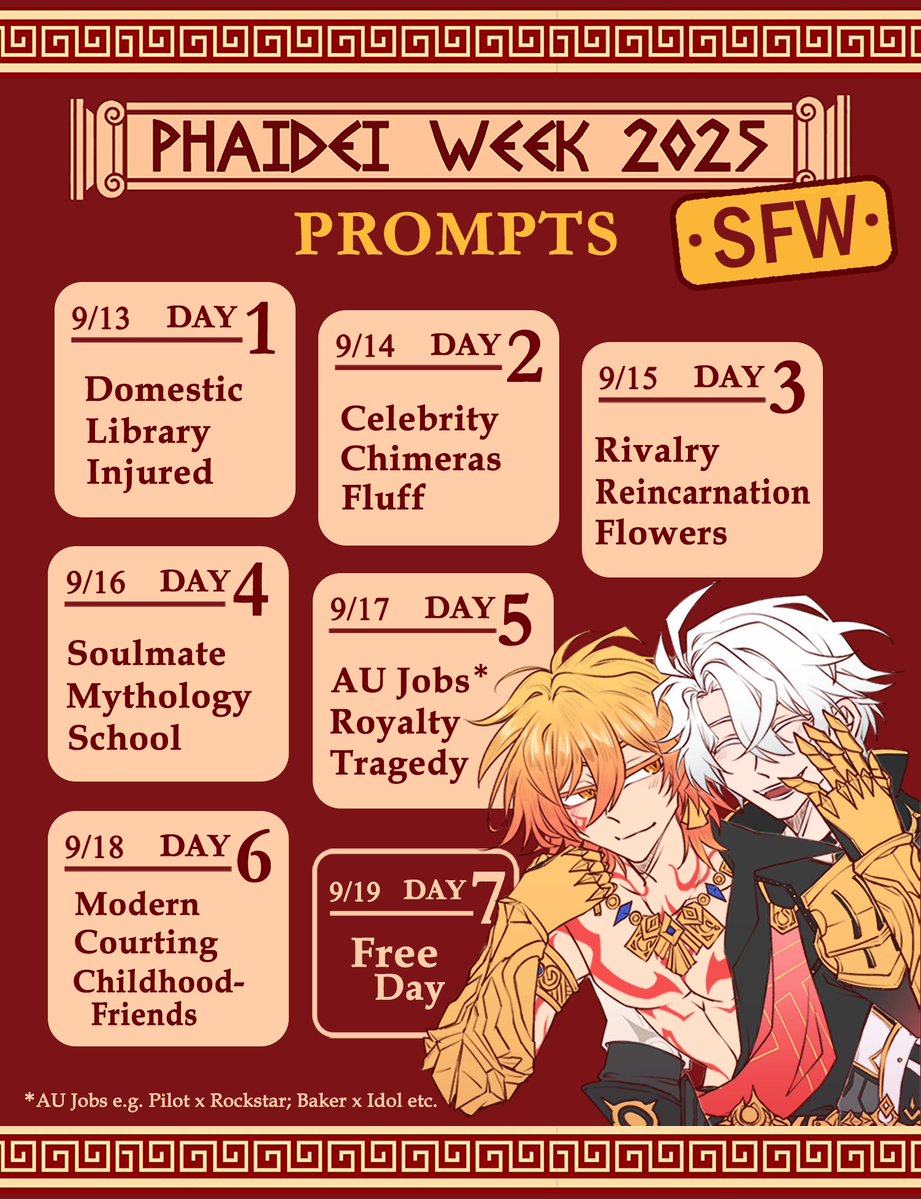 Phaidei_Week's tweet image. 【 UPDATED‼️ 】

☀️🍷 Phaidei Week 2025

࿐ྂ EN Prompts are finally here!

📆 The event will be on:
╰┈➤ Sept. 13 - 19, 2025

[tags used]
required: #PhaideiWeek #Phaidei
optional: #PhaideiWeek2025 

Everyone who loves Phaidei is
welcome to join! ✨