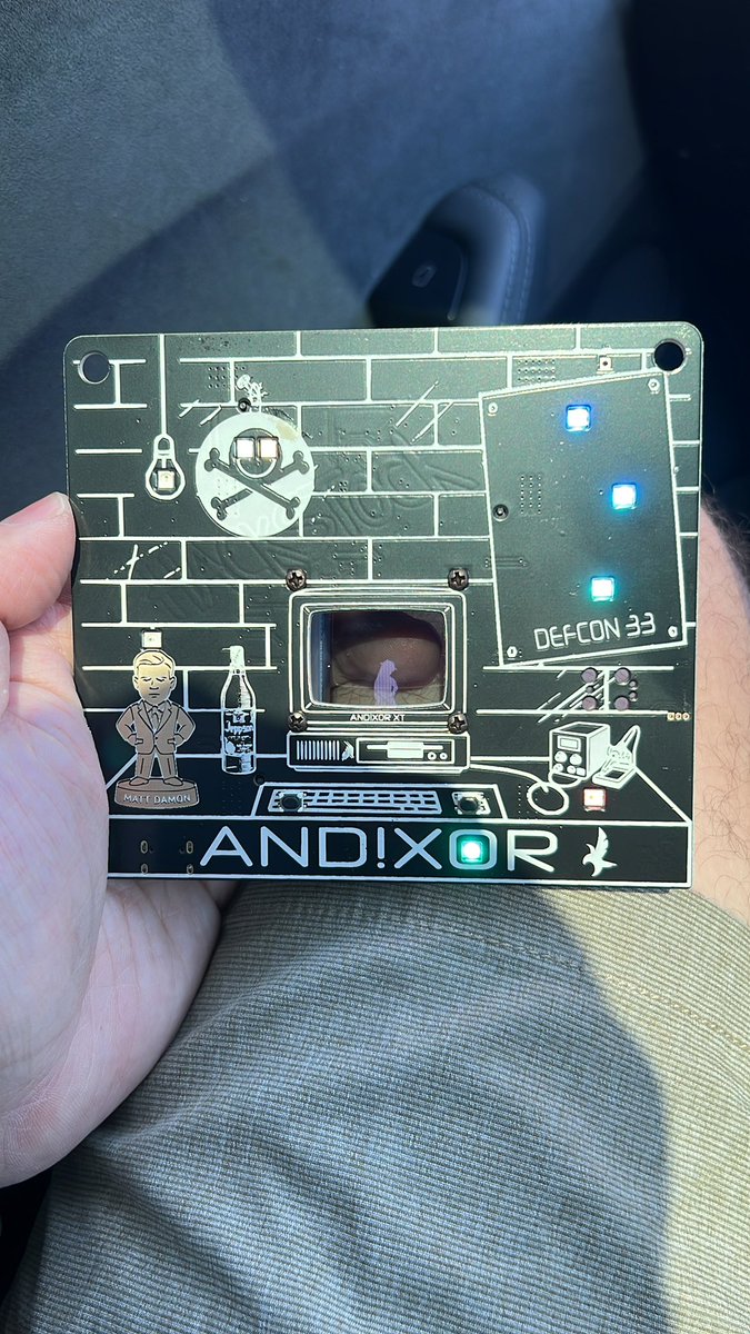 #defcon33 #defcon <a href="/nandnxor/">!AND!XOR @ Defcon</a>  amazing badge. I’m guessing #mattdamon it’s apart of the CTF. The LED starts but doesn’t start on.