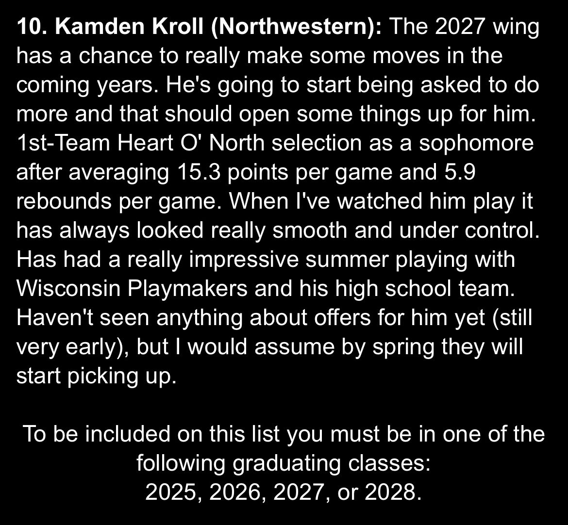 Thank you <a href="/northhoopsworld/">Northwoods Hoops World</a> for considering me a top 10 prospect in the classes of 2025, 2026, 2027, and 2028 in Northern Wisconsin, Minnesota, and the UP!! Lots of other great players on this list!

<a href="/KevinMoses38/">Kevin Moses LLC</a> <a href="/NHS_TigersBBB/">Northwestern Boys Basketball</a> <a href="/WIPlaymakers/">Wisconsin Playmakers</a> <a href="/NorthPlaymakers/">Playmakers North</a>
