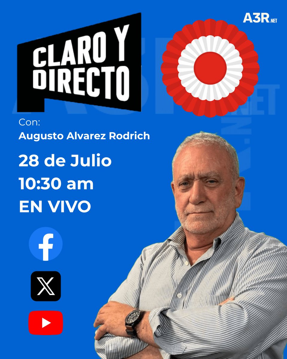 A3rNet's tweet image. Este Lunes 28 de Julio a las 10:30 am no se pierda una cobertura especial por #FiestasPatrias. Augusto @alvarezrodrich y un panel de expertos comentarán el Mensaje a la Nación de la Presidenta #DinaBoluarte. Suscríbase a nuestro Youtube y véanos #ENVIVO: youtube.com/@A3RNETT
