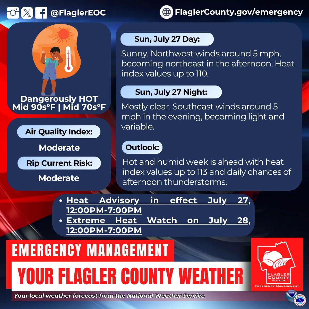 FlaglerEOC's tweet image. Your local weather forecast from the National Weather Service for Sun, July 27. For updates visit weather.gov/jax Sign up for free weather alerts at FlaglerCounty.gov/AlertFlagler #FlaglerWeather #FlaglerCounty #WeatherAlert