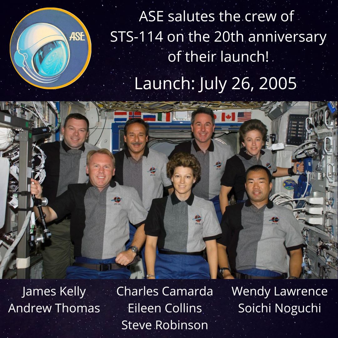 ASE_Astronauts's tweet image. #OTD 20 years ago ✨
STS-114 launched on July 26, 2005, with ASE members @CharlieCamarda, Eileen Collins, Steve Robinson, Wendy Lawrence, and @Astro_Soichi aboard!