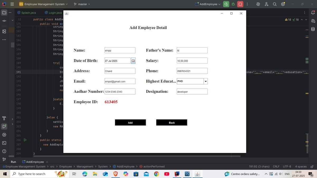 Amiitraiii's tweet image. Today I built the Add Employee page part of my Employee Management System.
This feature allows admins to input and manage employee data easily.
#Webdevelopment #javaProject #EmployeeManagementsystem #60DaysOfLearning2025