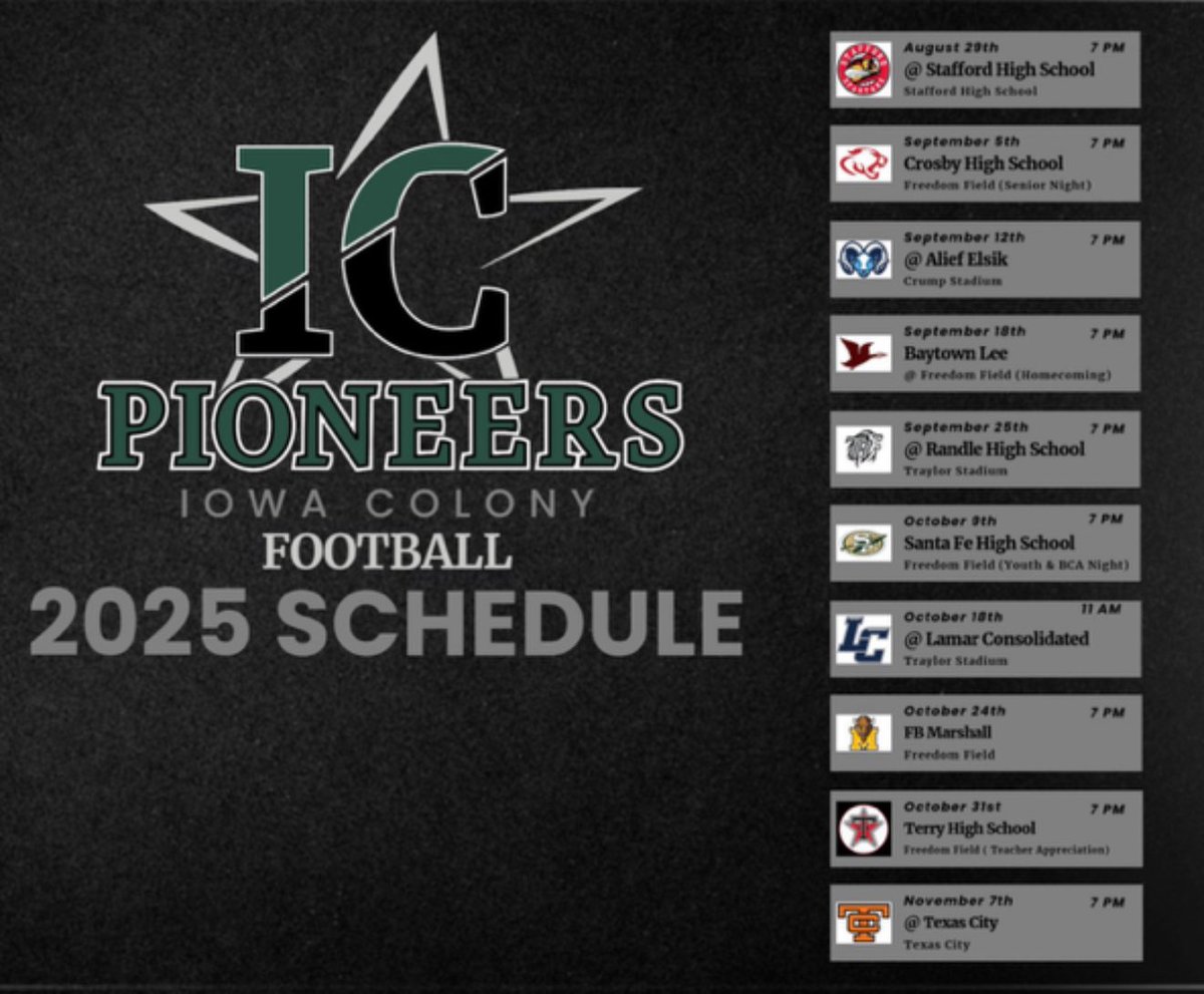 <a href="/IC_PioneersFB/">Iowa Colony Football</a> 2025 football schedule!! #blazethetrail #pioneerpride