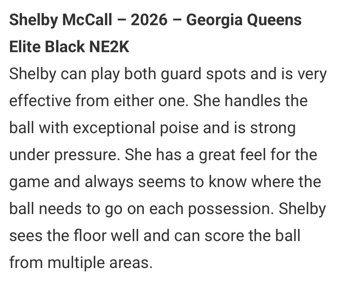 Shelby McCall (@shelby_21_sjmc2) on Twitter photo Thanks <a href="/JrAllStarBB/">Jr. All-Star Girls Basketball</a> for this evaluation. I had a great time with my <a href="/GeorgiaQueenEl1/">Georgia Queen Elite Basketball</a> team playing for the 17u <a href="/NE2KHoops/">NE2KHoops</a> Championship. We came up short in the championship game, but the tournament was 🔥. Thanks <a href="/JrAllStarBB/">Jr. All-Star Girls Basketball</a> for this evaluation. I had a great time with my <a href="/GeorgiaQueenEl1/">Georgia Queen Elite Basketball</a> team playing for the 17u <a href="/NE2KHoops/">NE2KHoops</a> Championship. We came up short in the championship game, but the tournament was 🔥.