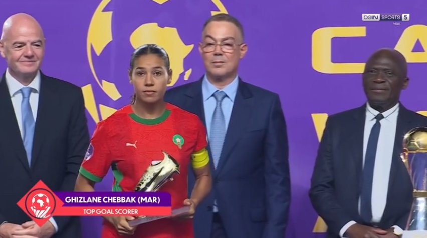 LadiesMarch's tweet image. Fair Play Award – South Africa 🇿🇦
GK of the Tournament: Chiamaka Nnadozie 🇳🇬
Golden Boot: Ghizlane Chebbak 🇲🇦
Player of the Tournament: Rasheedat Ajibade 🇳🇬
#TotalEnergies𝑾𝑨𝑭𝑪𝑶𝑵2024 #LMReport