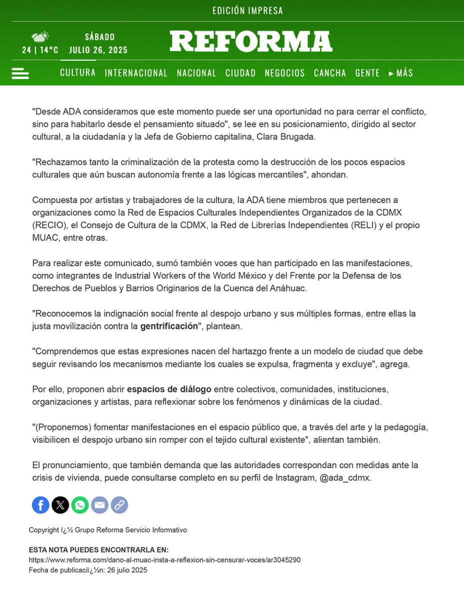 #GentrificaciónNOculturaSI es el posicionamiento y propuesta de ADA para la renovación del diálogo entre ciudadanía, instituciones culturales <a href="/muac_unam/">MUAC</a> y gobierno <a href="/ClaraBrugadaM/">Clara Brugada Molina</a> . <a href="/Reforma/">REFORMA</a> reforma.com/dano-al-muac-i…