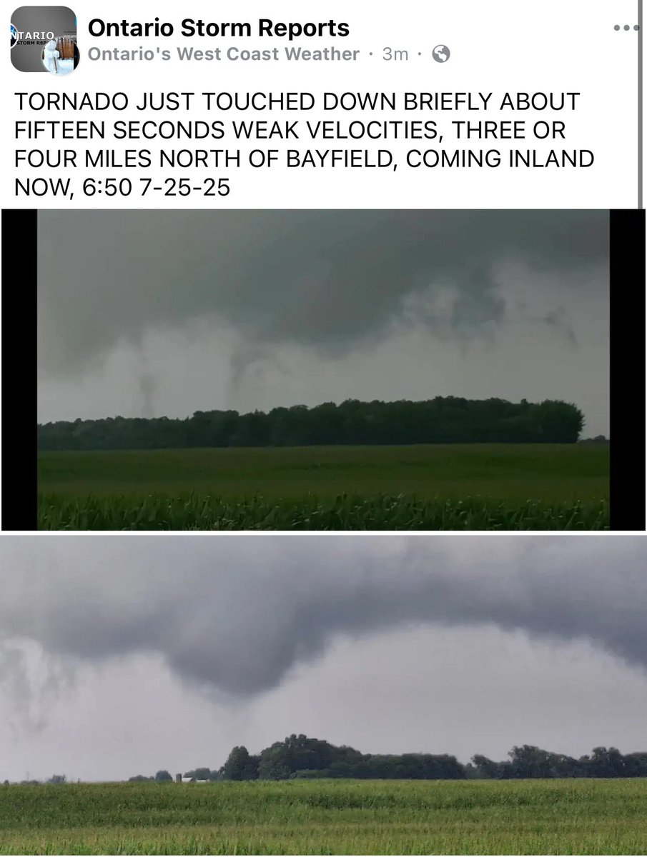 IWeatherON's tweet image. #ONStorm #ONwx It appears that the rotation of Lake Huron may have indeed spawned a very brief tornado north of Bayfield around 6:50 PM.

Source: facebook.com/share/p/1QWXBQ…

Join us live: instantweather.ca/live

- Brennen