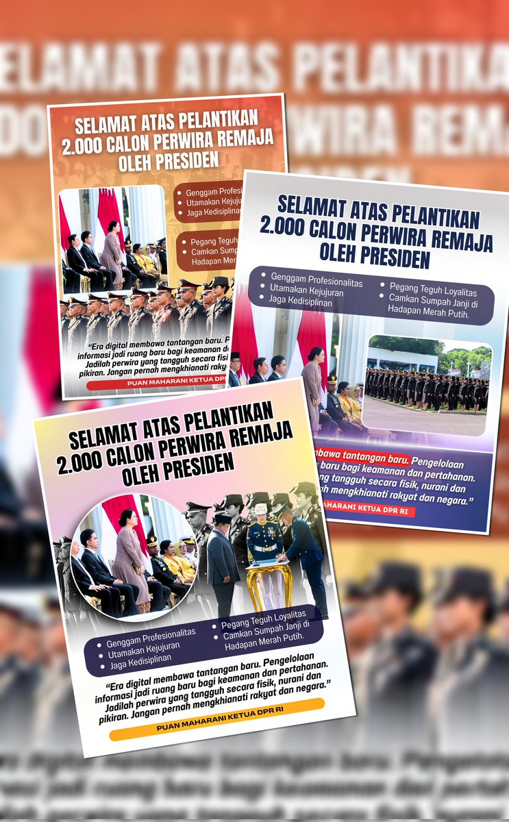 Pesan Ketua DPR RI Puan Maharani pada acara pelantikan Perwira TNI/Polri 2025 di Istana Merdeka.

"Jadilah perwira yang tidak hanya tangguh secara fisik, tetapi juga cerdas, humanis, dan berjiwa besar. Jangan pernah mengkhianati rakyat dan negara."