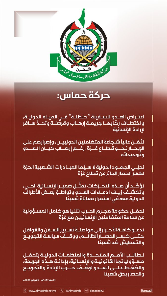 🟥 حركة حماس: 

♦️ اعتراض العدو للسفينة “حنظلة” في المياه الدولية، واختطاف ركّابها جريمة إرهاب وقرصنة وتحدٍّ سافر لإرادة الإنسانية
♦️ نثمّن عالياً شجاعة المتضامنين الدوليين، وإصرارهم على الإبحار نحو قطاع غزة، رغم إرهاب كيان العدو وتهديداته
♦️ نحيّي الجهود الدولية لا سيّما