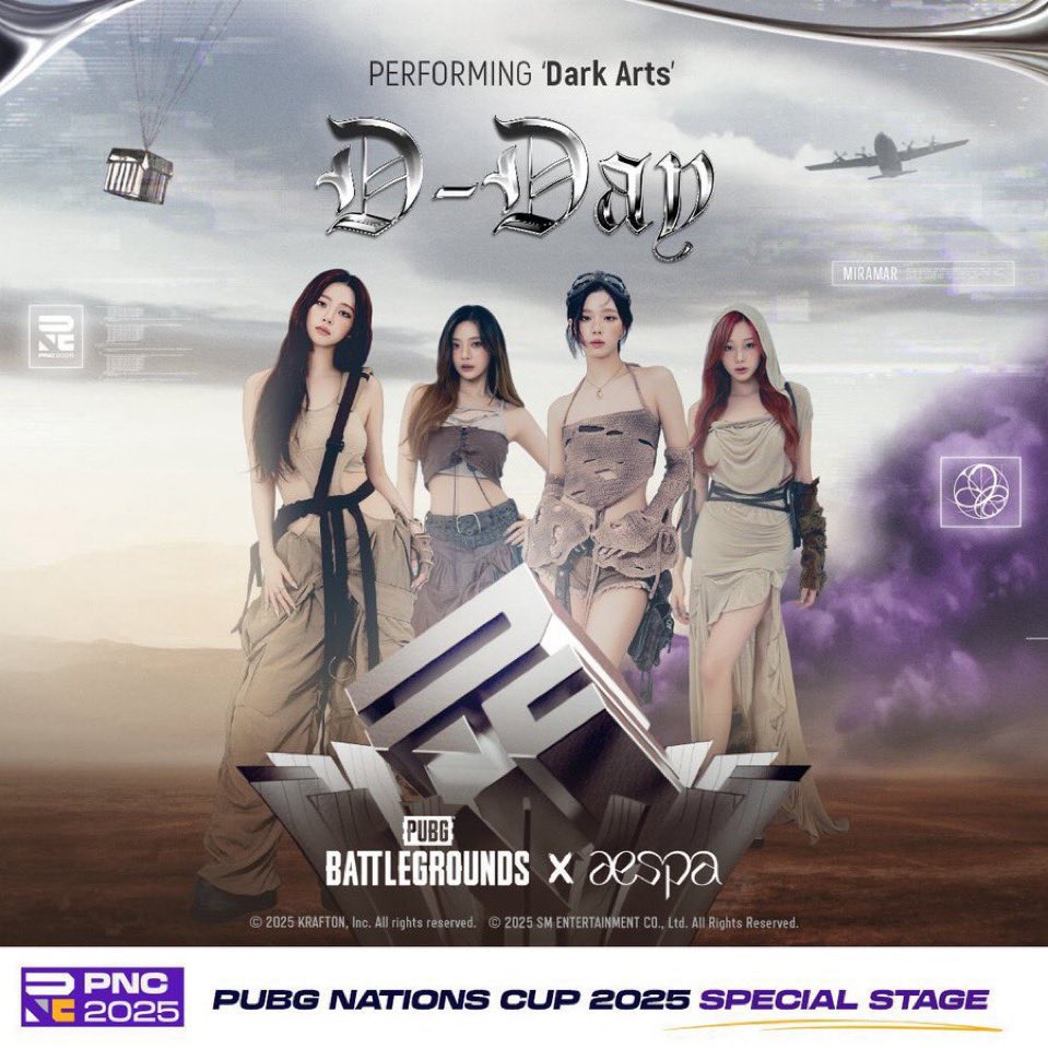 aespapopbase's tweet image. In 10 hours aespa will perform for the first time ‘Dark Arts’ at PUBG NATIONS CUP 2025.