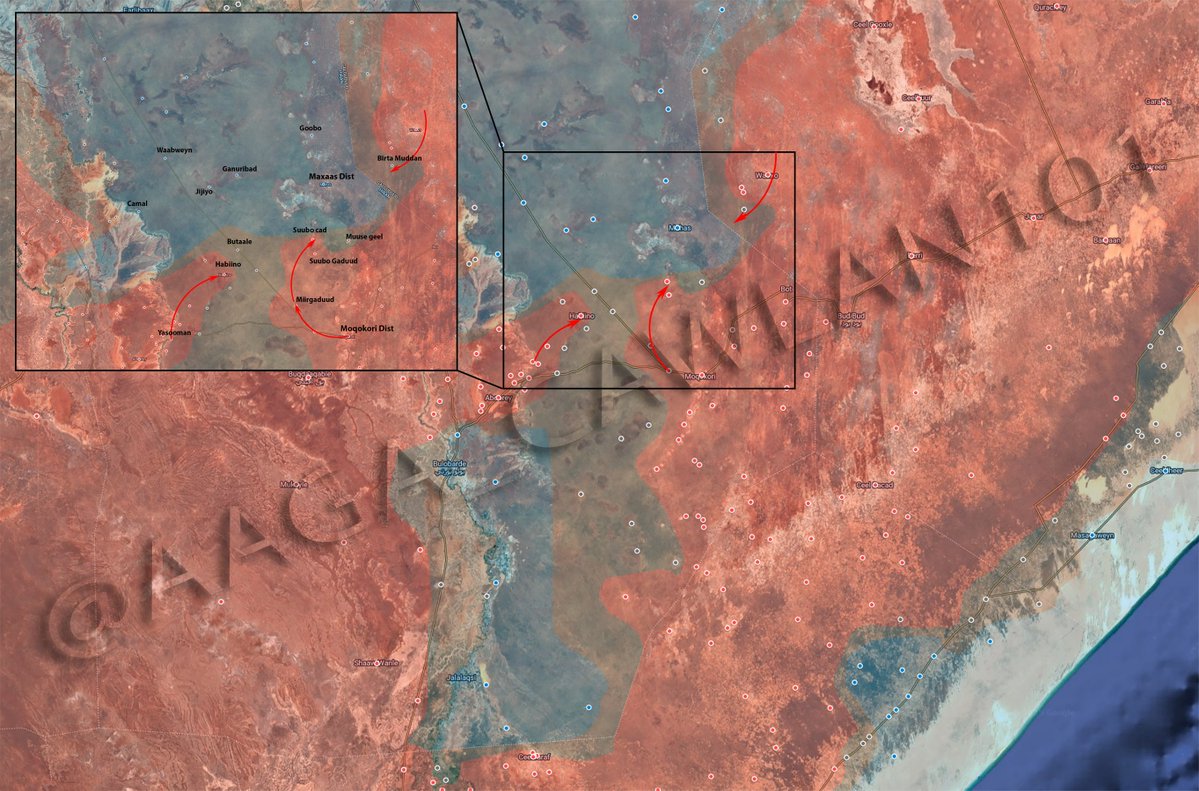 AAGA_CAWLAN101's tweet image. Situation in Eastern Hiiraan: Control Map Update (Maxaas Direction).
AS militants are closing in on Maxaas from multiple directions. In recent days, they’ve reached areas near Ceelgorof (east), Suubo Gaduud & Suubo Cad (south), and Habiino (west).