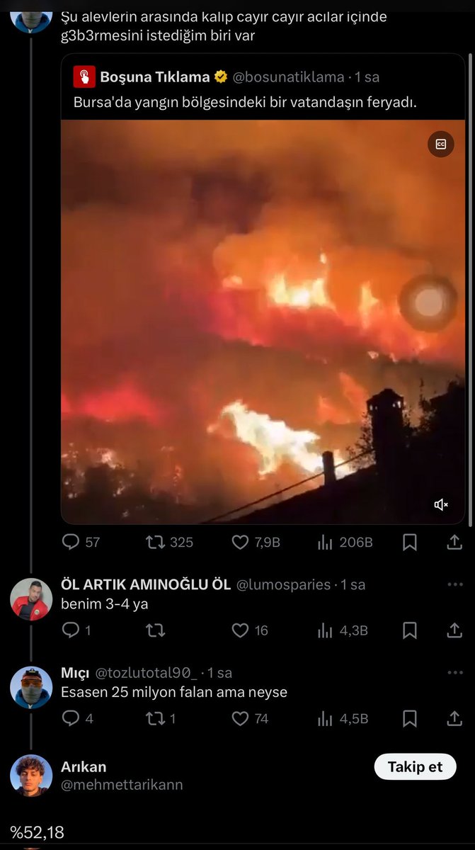 Bunların derdi memleketteki yangınlar değil, o bizim derdimiz, meselemiz.
bunların derdi götlerindeki 25 yıllık yangın.
Bu nedenle her afette, her zorlukta heyecanla şevkle saldırıya geçiyorlar.