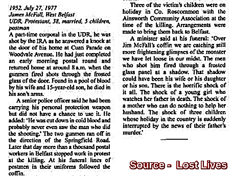 OnThisDayPIRA's tweet image. #OnThisDay in 1977 the IRA murdered James McFall, 38. Married father of 5. Postman/animal carer shot answering knock at his home on Woodvale Ave, N Belfast. Off duty UDR finished early morning round & in for break. Shot through glass door & found dying by wife & his son, 15, #OTD