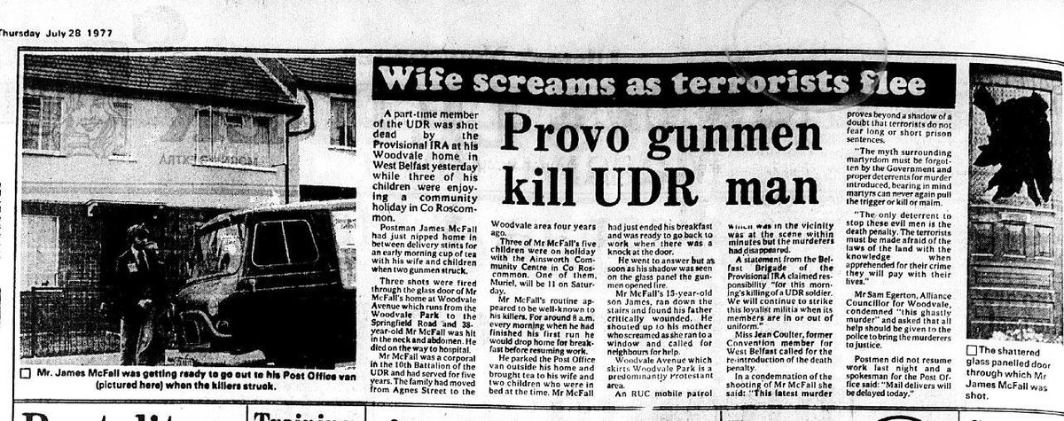 OnThisDayPIRA's tweet image. #OnThisDay in 1977 the IRA murdered James McFall, 38. Married father of 5. Postman/animal carer shot answering knock at his home on Woodvale Ave, N Belfast. Off duty UDR finished early morning round & in for break. Shot through glass door & found dying by wife & his son, 15, #OTD
