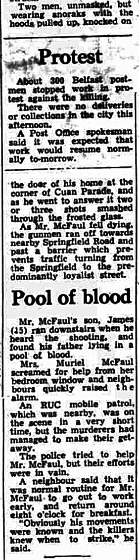 OnThisDayPIRA's tweet image. #OnThisDay in 1977 the IRA murdered James McFall, 38. Married father of 5. Postman/animal carer shot answering knock at his home on Woodvale Ave, N Belfast. Off duty UDR finished early morning round & in for break. Shot through glass door & found dying by wife & his son, 15, #OTD