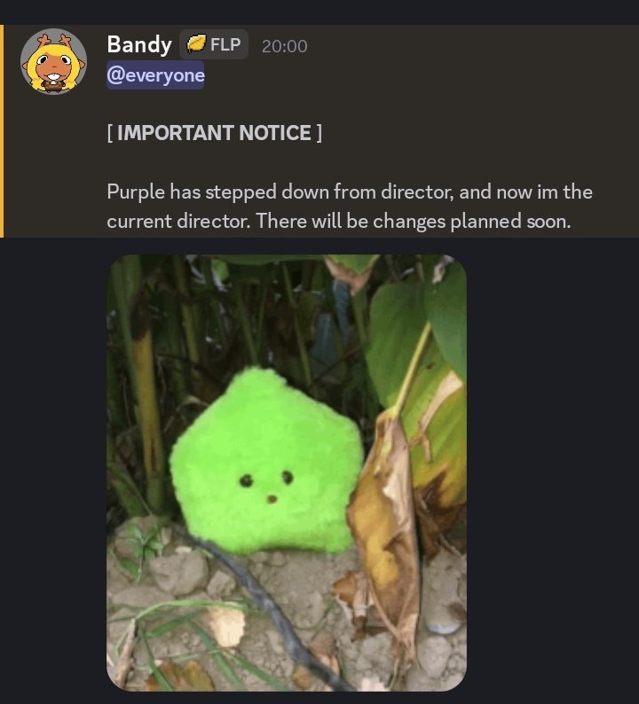 After a long discussion, we decided to transfer the directorship to the now ex-codirector.

This is due to multiple reasons, that are related to slow development. Now, Purple will only chart and do concept art.

Thanks for listening.