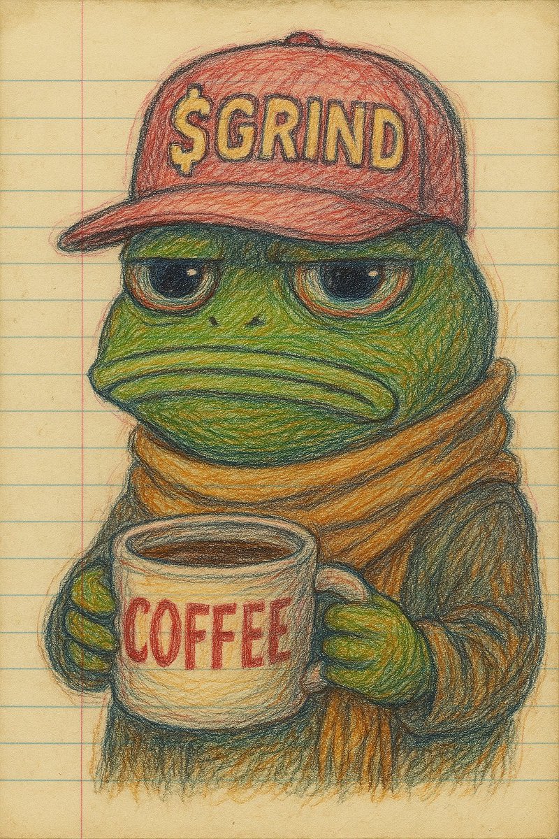 pwniR3birth's tweet image. Prompt:
A colored pencil drawing on lined notebook paper of an anthropomorphic frog with a tired, grumpy expression. The frog is wearing a pink cap that says “$GRIND” in bold yellow letters. Its eyes are heavy-lidded, with a flat, unimpressed mouth. It’s bundled in a thick…