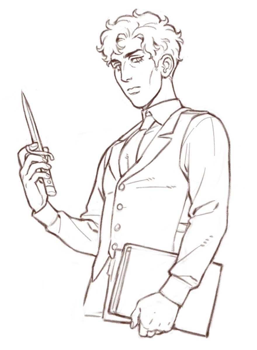 dinkydins's tweet image. my drawing tablet died midway through drawing this so clearly mob fixer AU Hugo is too cursed to exist