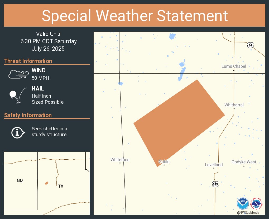 NWSLubbock's tweet image. A special weather statement has been issued for Hockley County, TX until 6:30 PM CDT