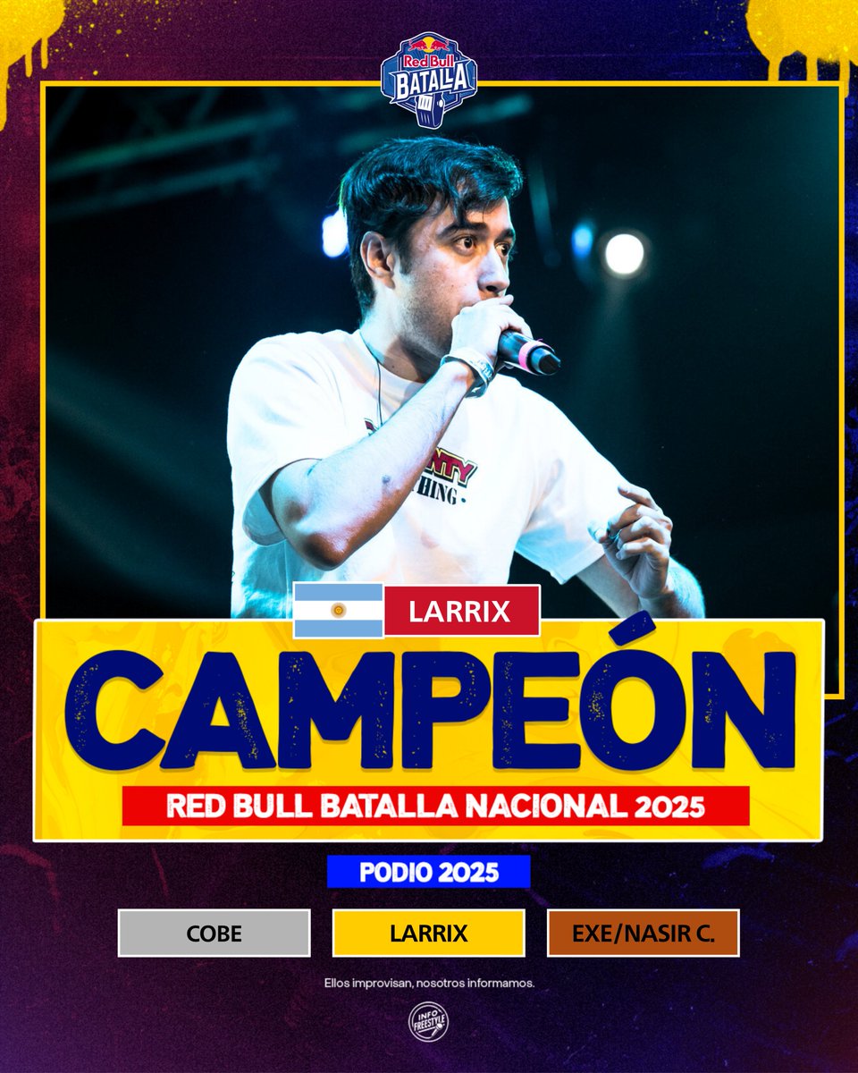 InfoFreestyle2's tweet image. ¡Campeón Nacional! 🏆
LARRIX es el campeón de la Final Nacional de la Red Bull Batalla Argentina 🇦🇷 tras vencer en la batalla final a Cobe.
Larrix estará representando a los argentinos en la Final Internacional que se realizará en Chile 🇨🇱.
#RedBullBatalla 🇦🇷