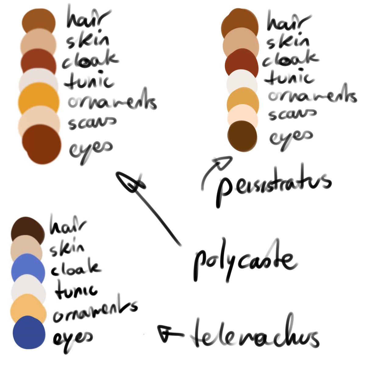 mickinesis's tweet image. the 3 sillies’ color palettes! i love how peisis’ and poly’s are almost the same, it wasn’t even intentional