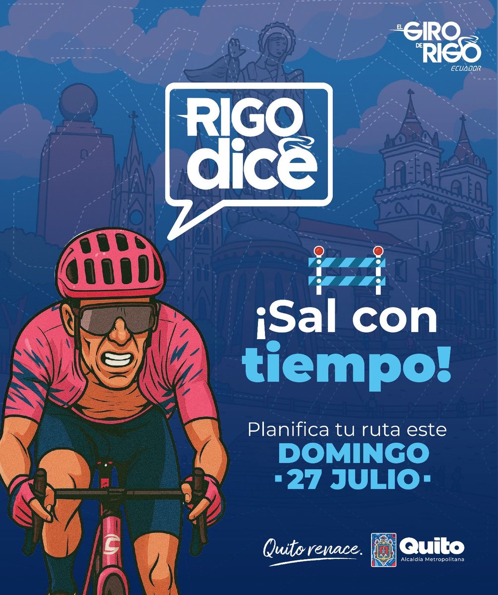 ✅ #MuéveteInformado | 🚴‍♀️Rigo dice: 

👀 Que los cierres viales por mi competencia #GirodeRigo, no te tomen por sorpresa y si vas a movilizarte, ¡Sal con tiempo! 😮 

🧐 Consulta el plan operativo aquí:
👉🏼bit.ly/4f3X7JN

#QuitoRenace 🌤️
