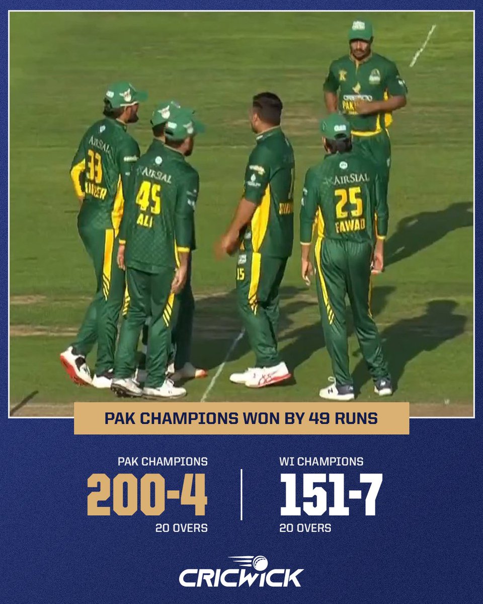 Cricwick's tweet image. Pakistan Champions extend their unbeaten streak, as they get their third win, beating West Indies Champions quite comfortably
Kamran Akmal's hundred and a brilliant spell from Rumman Raees sealed the deal for Pakistan