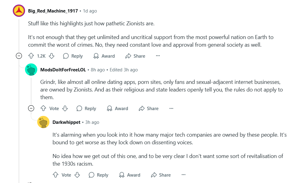 TaroWheel's tweet image. Redditors are finally starting to notice.
All it took was for their gay hookup app to ban people from criticizing Zionism.