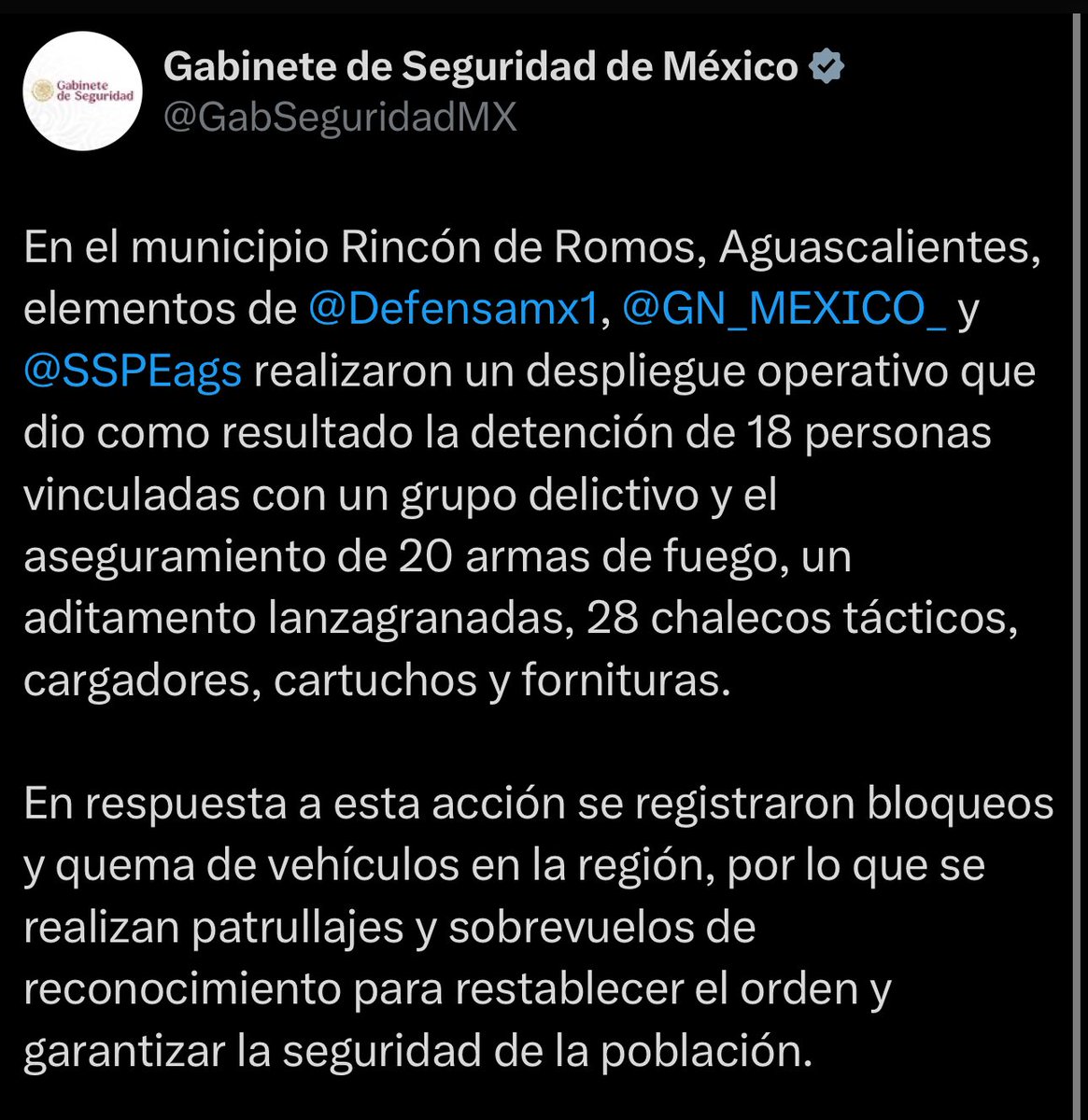 quierotvags's tweet image. Reconoce el gobierno federal el trabajo coordinado entre la Sedena, Guardia Nacional y la SSPE de Aguascalientes tras un operativo en Rincón de Romos que dejó 18 detenidos y arsenal asegurado.
#quierotvags