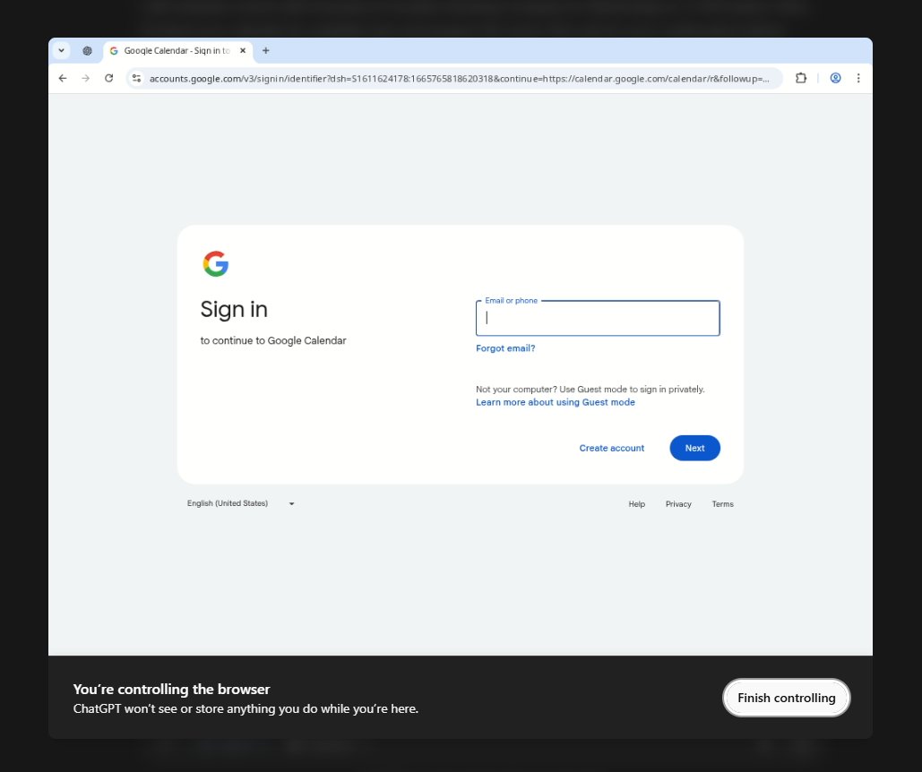 _mackinac's tweet image. can agent mode schedule calendar events? 🤔

i got as far as the sign-in screen in the shared browser window
and just… couldn’t do it

told chatty i wasn’t comfortable entering credentials that way
and it handed me a .ics file to upload instead

a little strange it didn’t offer…