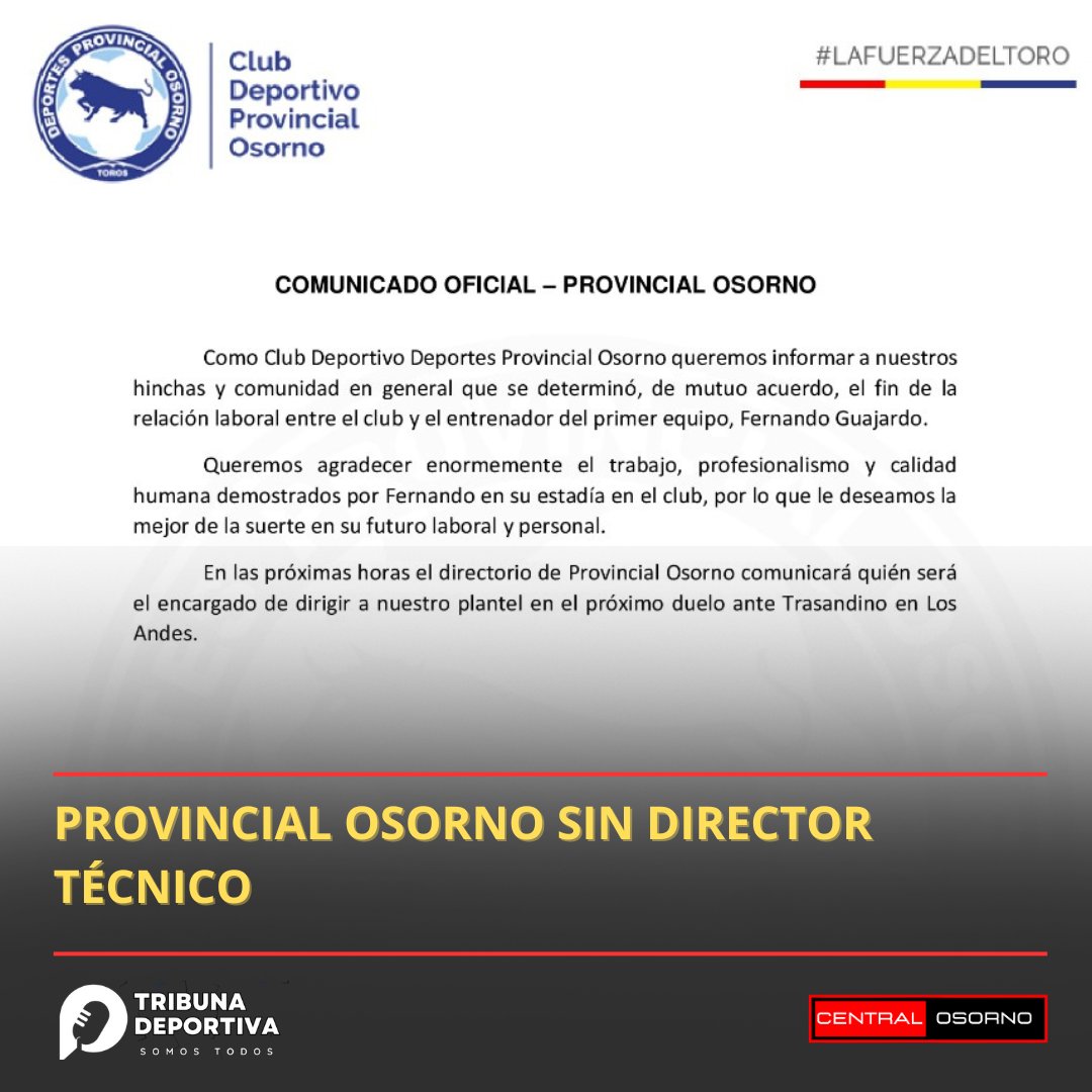 Por medio de un comunicado el Club Deportes Provincial #Osorno, informó que de mutuo acuerdo se colocó fin a la era de Fernando Guajardo como DT del equipo.