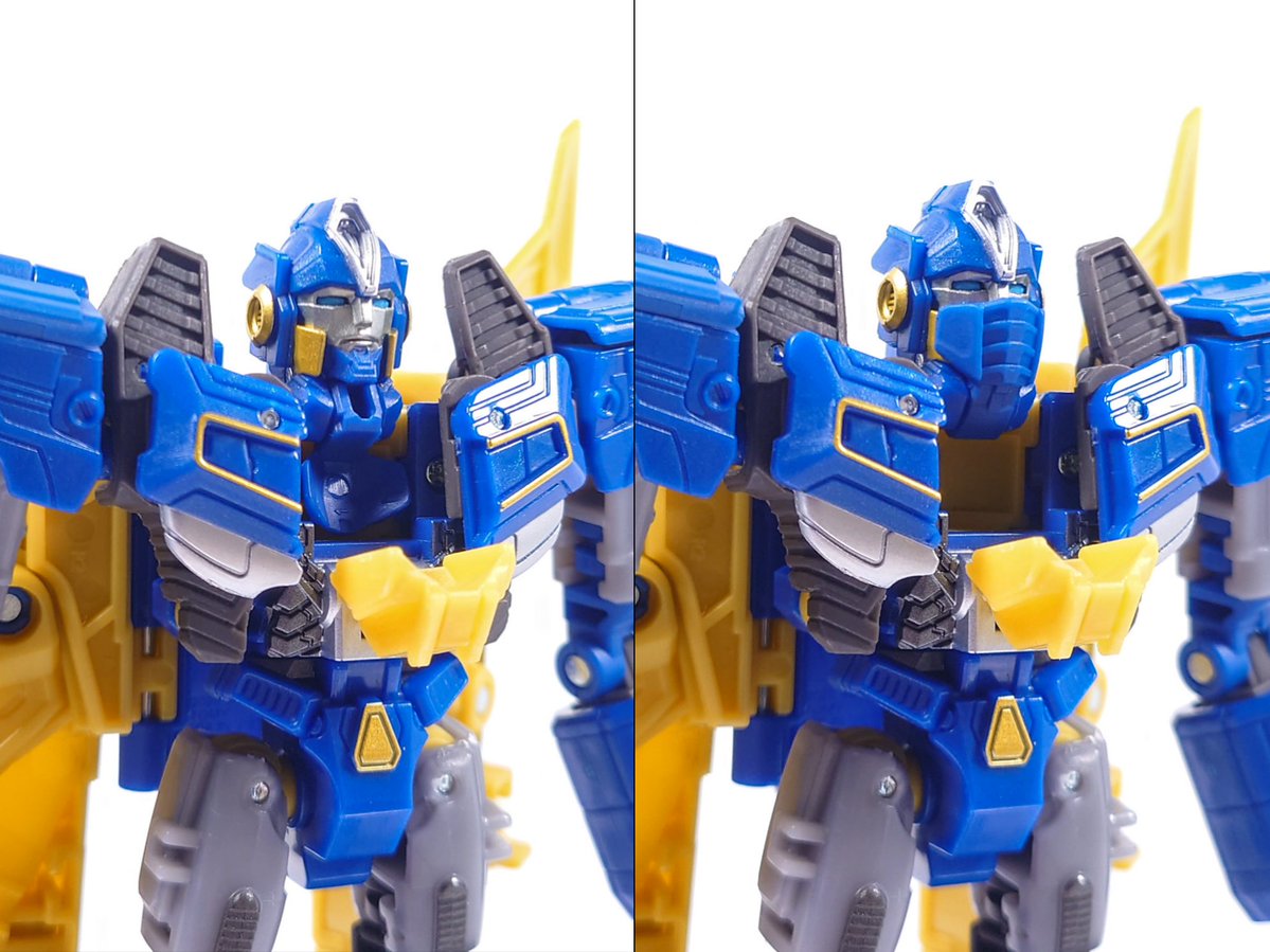 PS_Sirenstrike's tweet image. SSONEセンチネルプライムは差し替え無しでマスク展開するギミックが見どころです
アニメイテッドボイジャーオプティマスやTRボイジャークラスの発展系みたいで可動も両立されてます
首を上向き可動できるヒンジも付いててクインテッサ星人の下へ颯爽と飛ぶシーンも再現できます