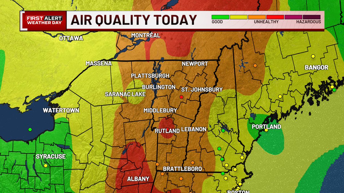 wcax's tweet image. The air quality is still in the unhealthy range in most locations this evening, but is slowly improving. The quality will get much better tonight, especially after midnight. #VT