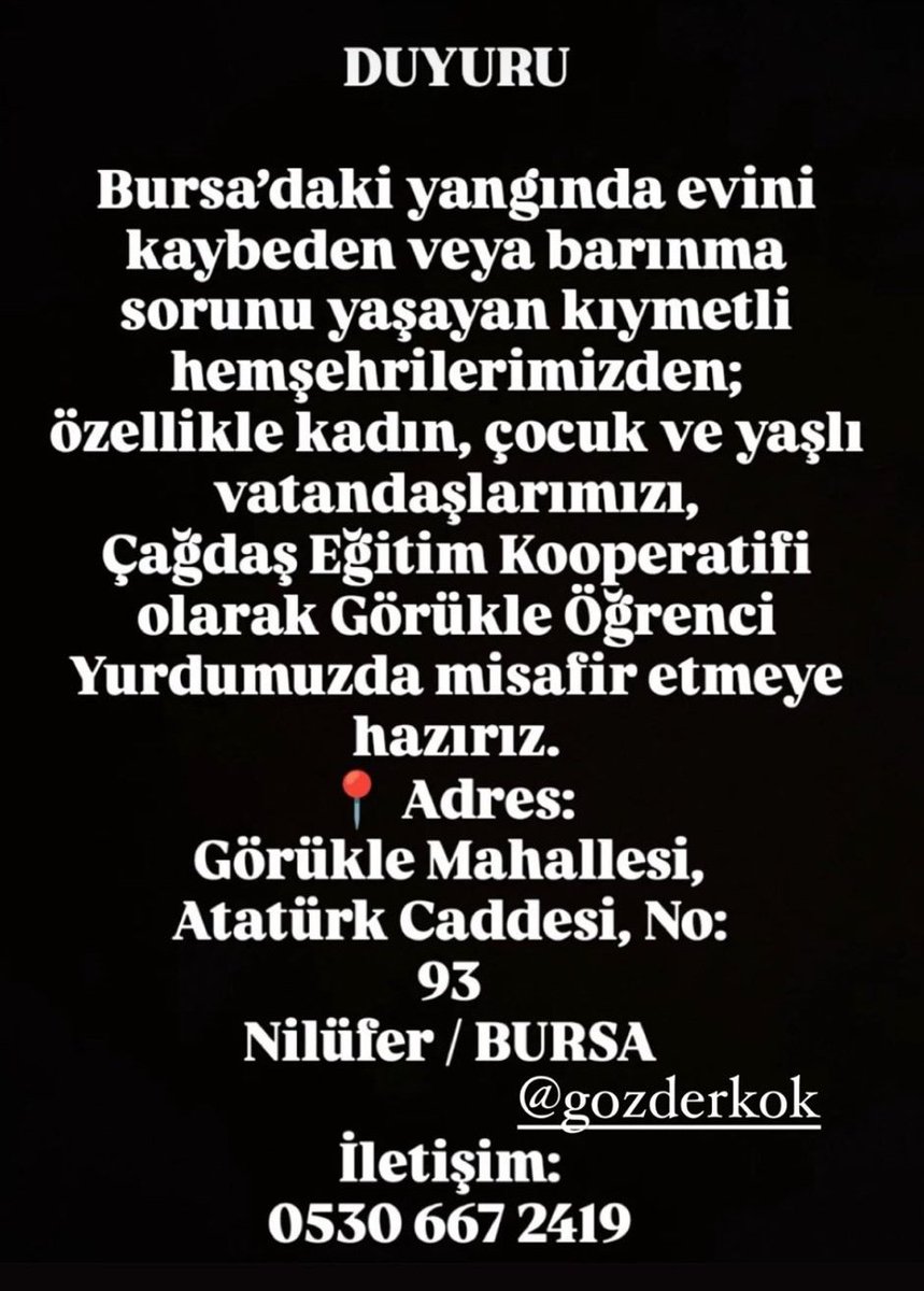 BURSA'daki yangın için BARINMA desteği bilgileri