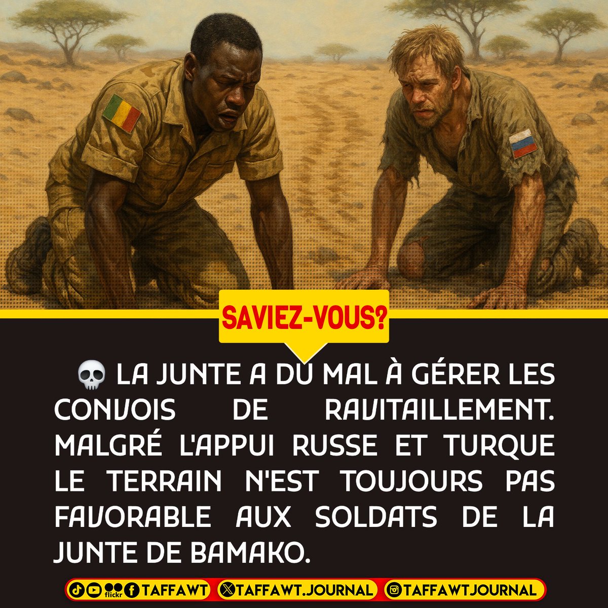 TaffawtJournal's tweet image. LA JUNTE A DU MAL À GÉRER LES CONVOIS DE RAVITAILLEMENT. MALGRÉ L&apos;APPUI RUSSE ET TURQUE LE TERRAIN N&apos;EST TOUJOURS PAS FAVORABLE AUX SOLDATS DE LA JUNTE DE BAMAKO.
@aboub_Assikabar  ✌️
#azawad
Wagner est un groupe terroristeLe
 Mali est un État terroriste